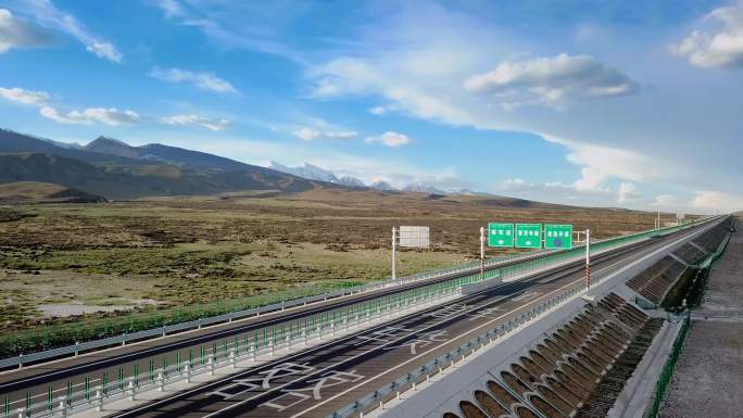 青藏公路藏北草原高速上行驶汽车航拍