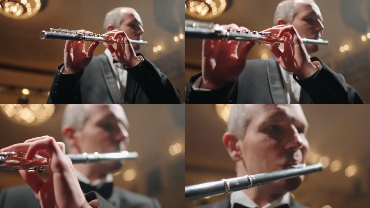 歌剧院的长笛演奏家，音乐家在交响乐团或铜管乐队演奏长笛