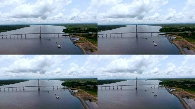 鸟瞰图。横跨赤道几内亚最大河流的巨大桥梁。中部非洲