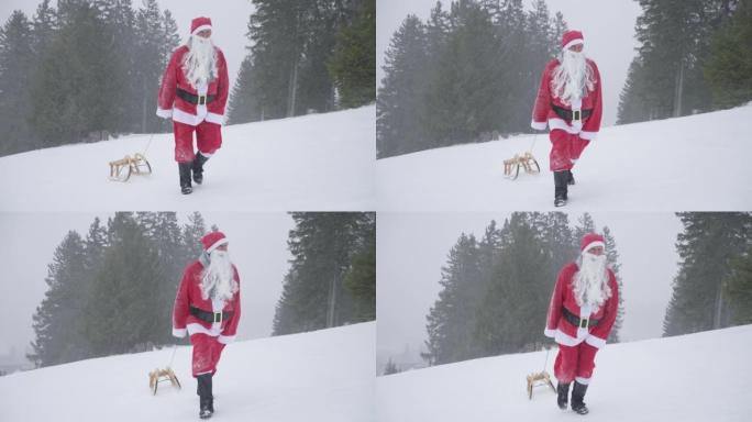 男人打扮成圣诞老人在森林里拉雪橇