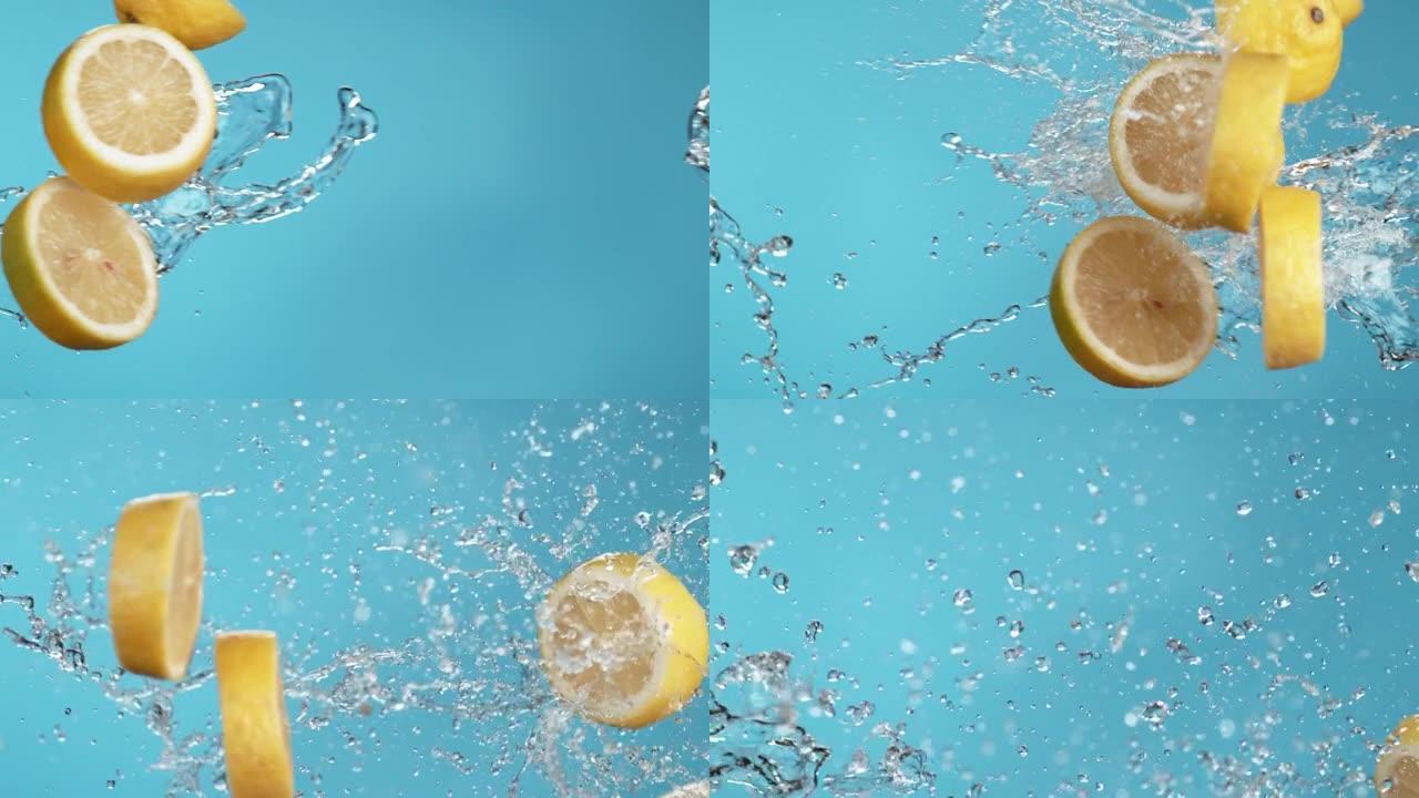 柠檬片和水在慢动作中碰撞。用幻影弹性4K拍摄。