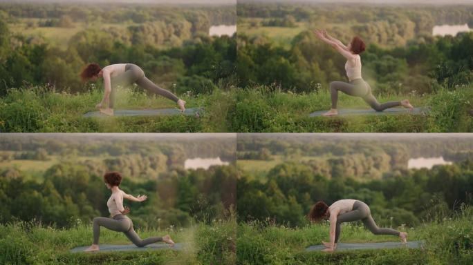 瑜伽大师在清晨以慢动作站在森林山脉中进行各种练习和动作，以实现平衡和灵魂发展