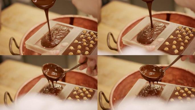 巧克力倒入模具的细节照片