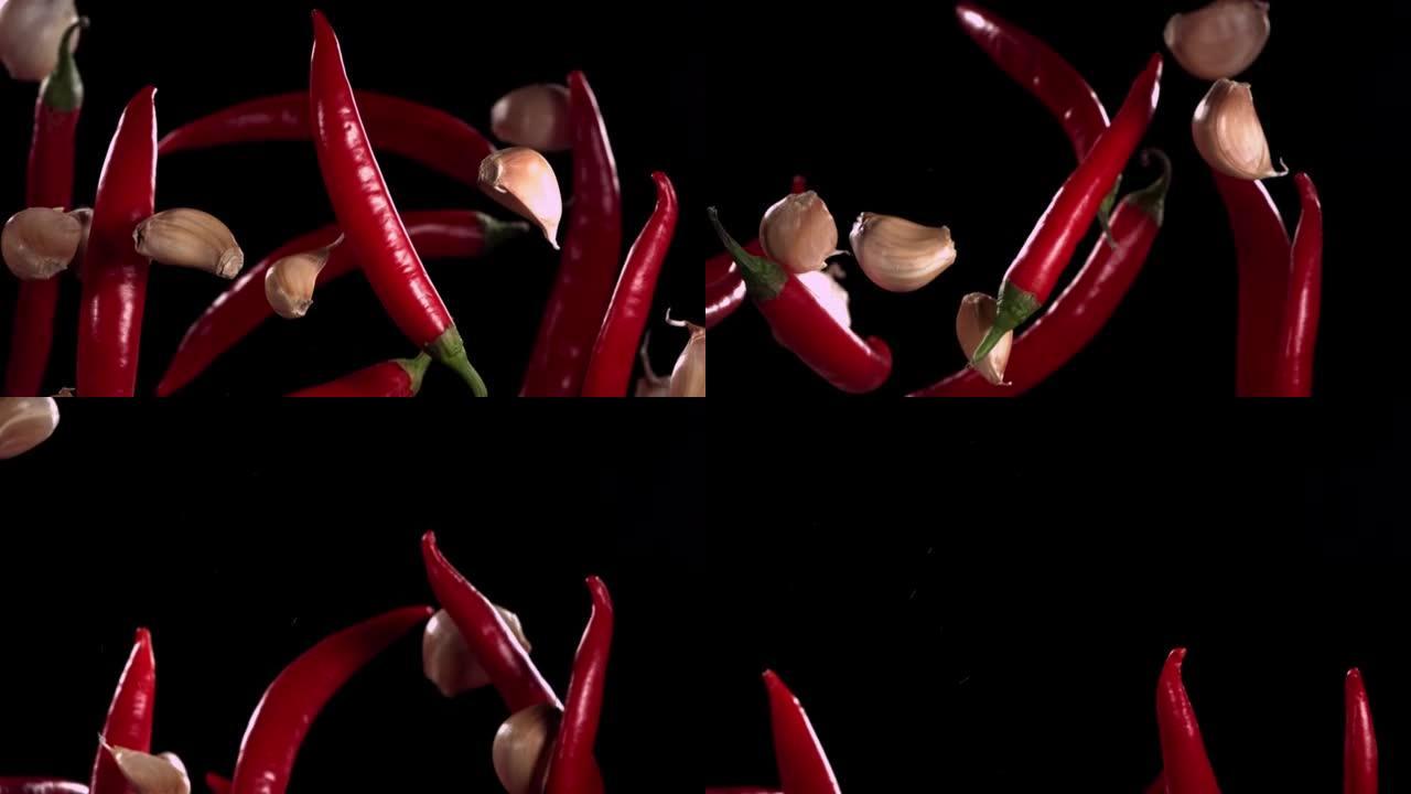 飞行红辣椒和大蒜的超级慢动作镜头