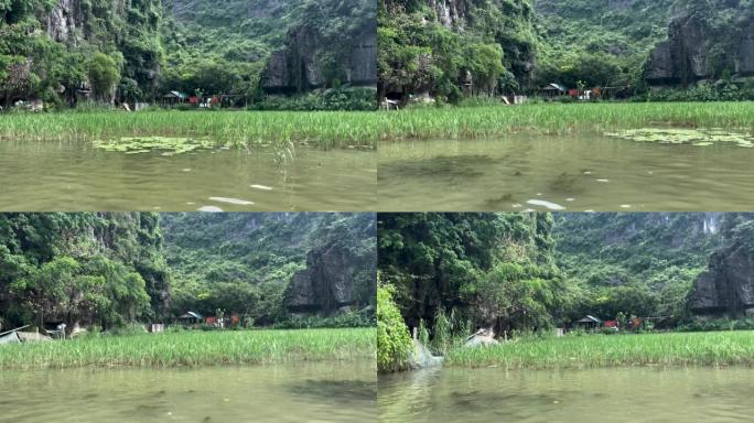 越南北部宁平省的Tam Coc洞穴和湖泊的美丽船景，在炎热的夏日里，有令人惊叹的山脉、岩石和稻田。