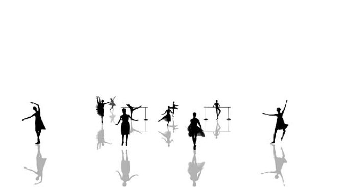 白色背景上的许多剪影舞者芭蕾舞演员的动画