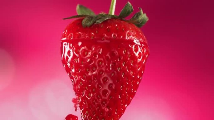 草莓切片掉落并溅到粉红色背景上。食物悬浮概念。慢动作