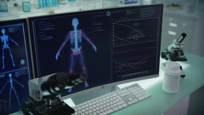 拥有计算机和显微镜的现代化实验室。带有动画人体模型的屏幕。扫描虚拟病人是否受伤。与红色市场的接头