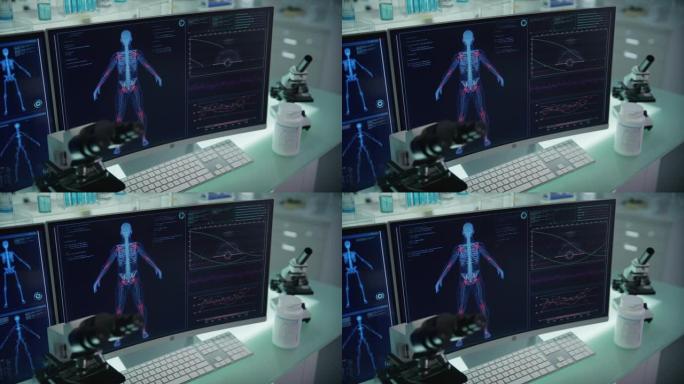 拥有计算机和显微镜的现代化实验室。带有动画人体模型的屏幕。扫描虚拟病人是否受伤。与红色市场的接头