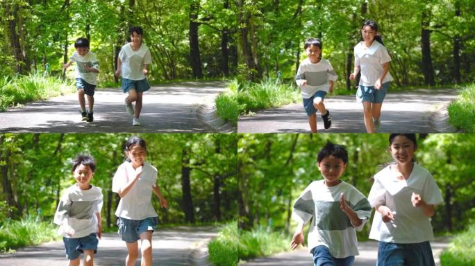亚洲儿童携手奔跑