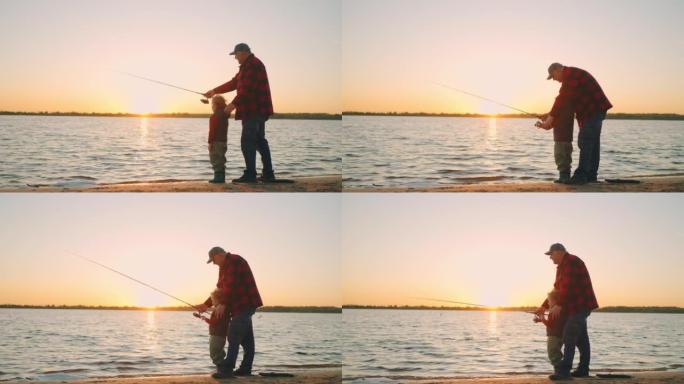 老人在河水中铸造杆，他的小孙子在岸上观看大自然