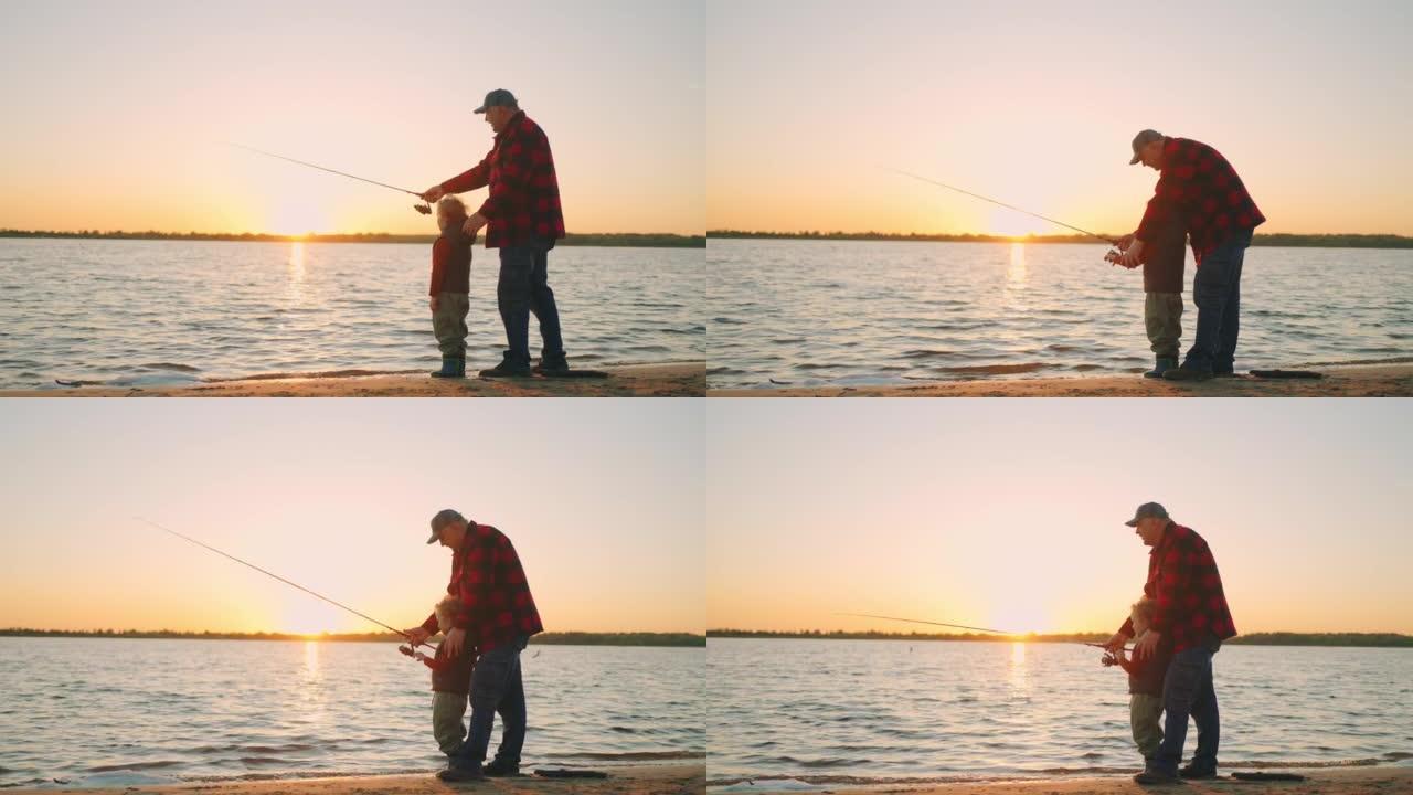 老人在河水中铸造杆，他的小孙子在岸上观看大自然