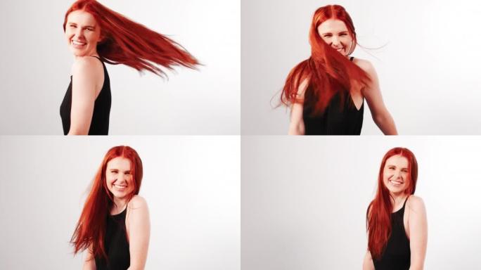 美丽诱人的红发女人扔长发。对着镜头微笑，躲在头发后面
