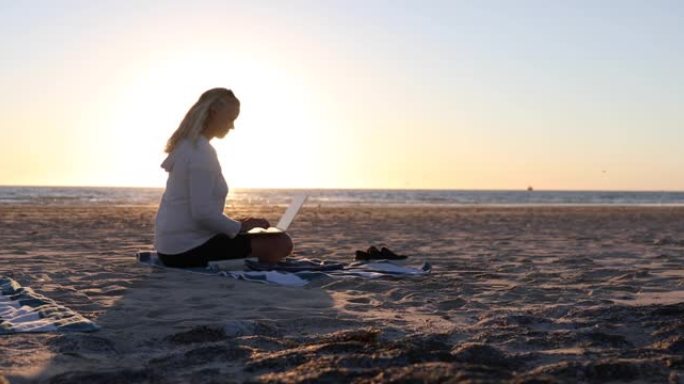 女人在安静的海滩上使用笔记本电脑