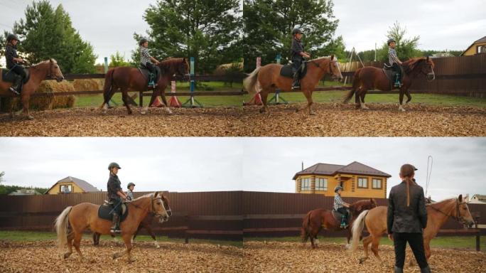 在儿童马术俱乐部训练骑马，为儿童提供海马疗法和运动课程