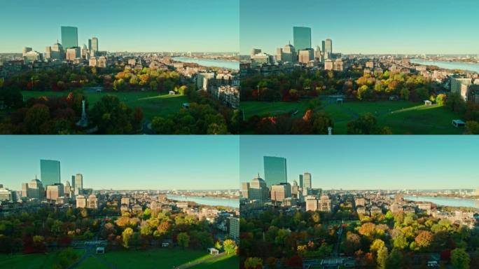 无人机飞越波士顿公共和公共花园朝后湾飞行