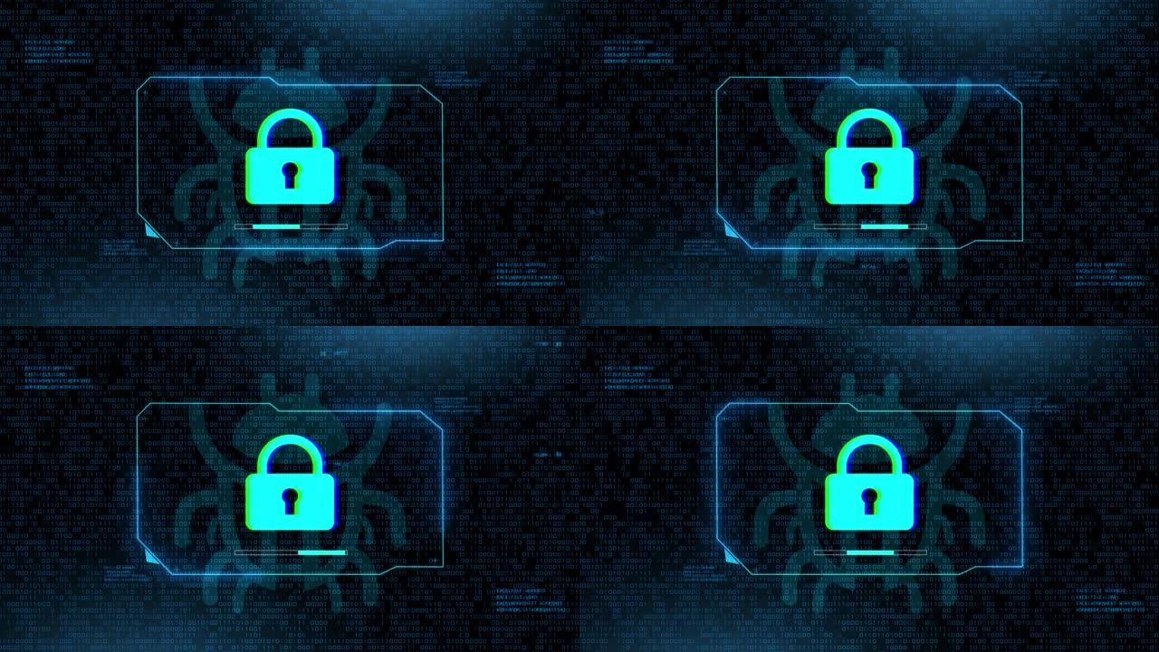 网络安全数字数据攻击屏幕背景的二进制代码键盘挂锁，
