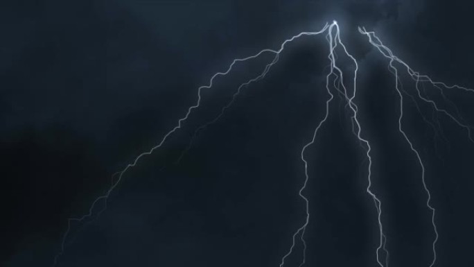 闪电击中黑色背景。电风暴。循环动画中的蓝色现实雷电