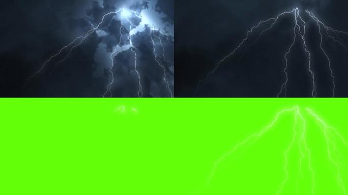 闪电击中黑色背景。电风暴。循环动画中的蓝色现实雷电