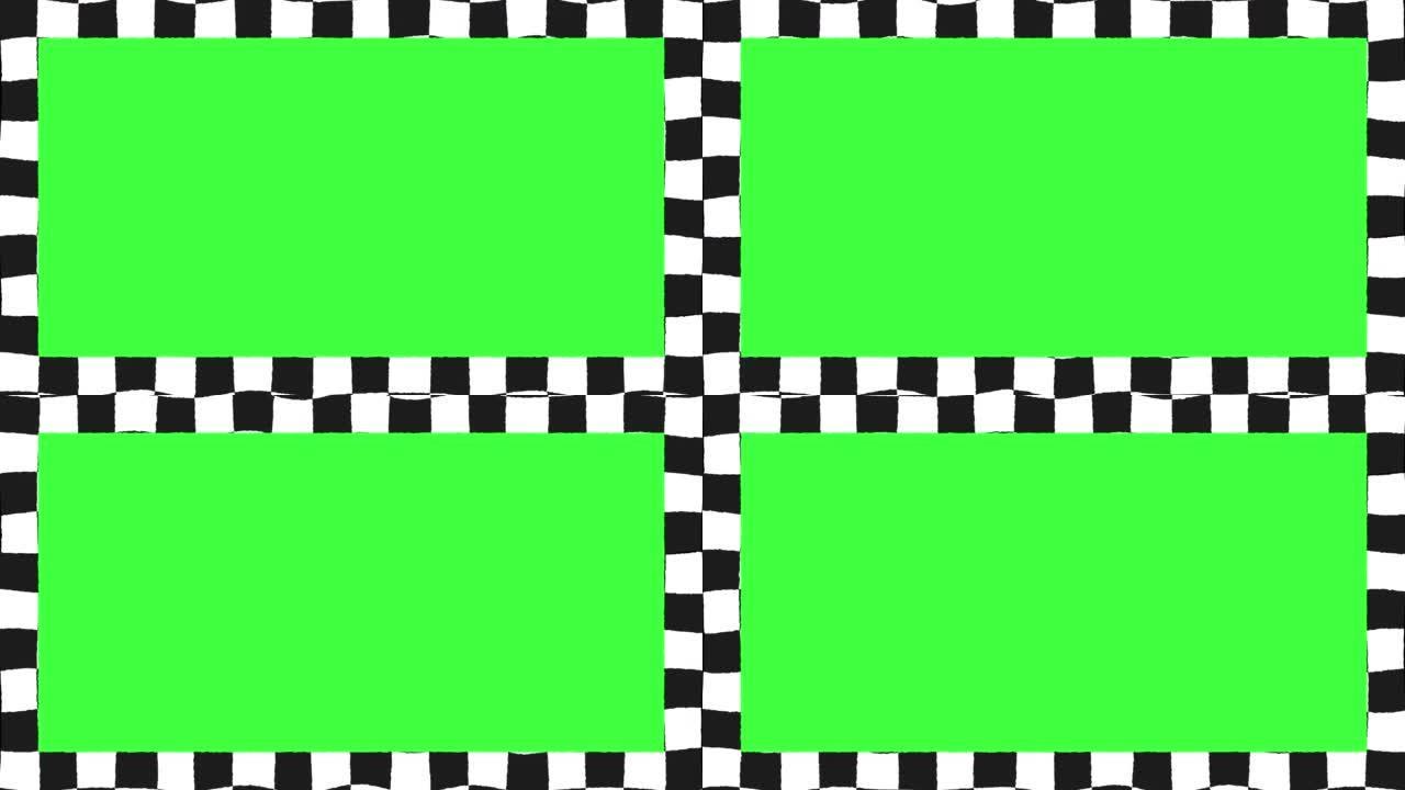 波浪形黑白跳棋绿屏动画边框。
