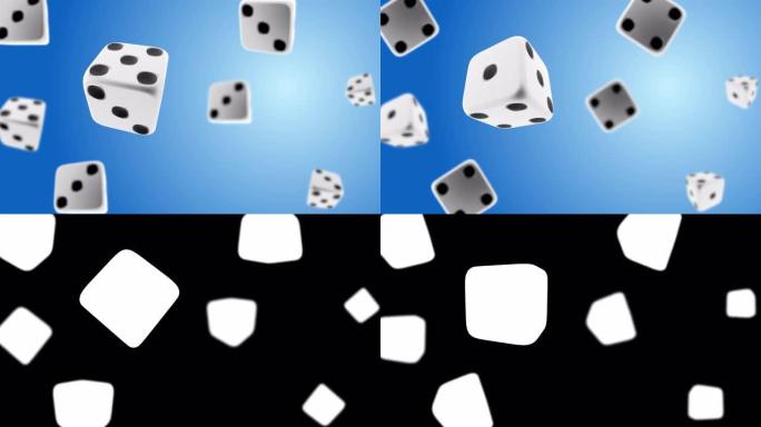 白色赌场筹码在蓝色背景上流动。下落骰子无缝循环3D阿尔法绿屏。