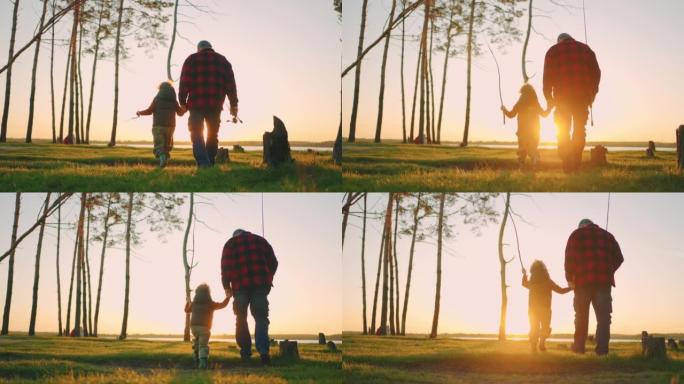 幸福的家庭正在大自然中度过周末，爷爷和小男孩正在散步，去河边钓鱼
