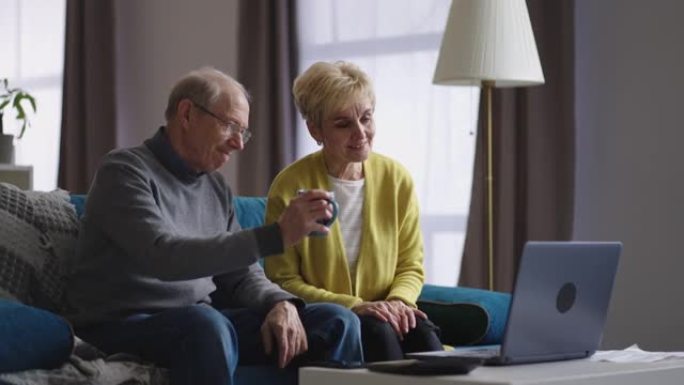 快乐的祖母和祖父正在与朋友或家人在笔记本电脑上通过在线视频聊天，老年妇女在挥手