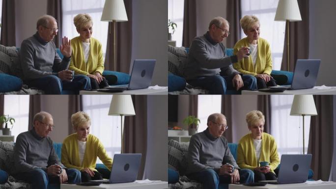 快乐的祖母和祖父正在与朋友或家人在笔记本电脑上通过在线视频聊天，老年妇女在挥手