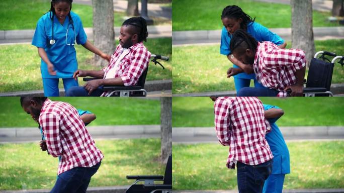 黑人护士支持受伤的病人，帮助男子从轮椅上站起来