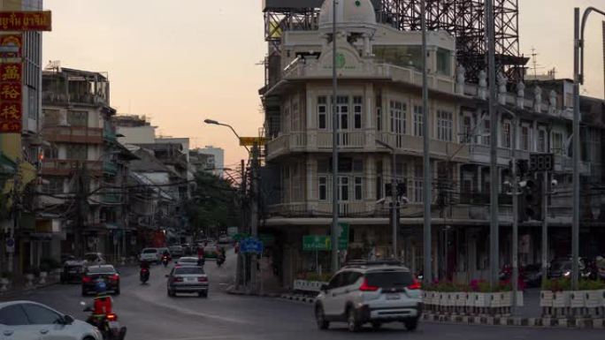 暮光之城曼谷市中国城交通街十字路口全景4k延时泰国