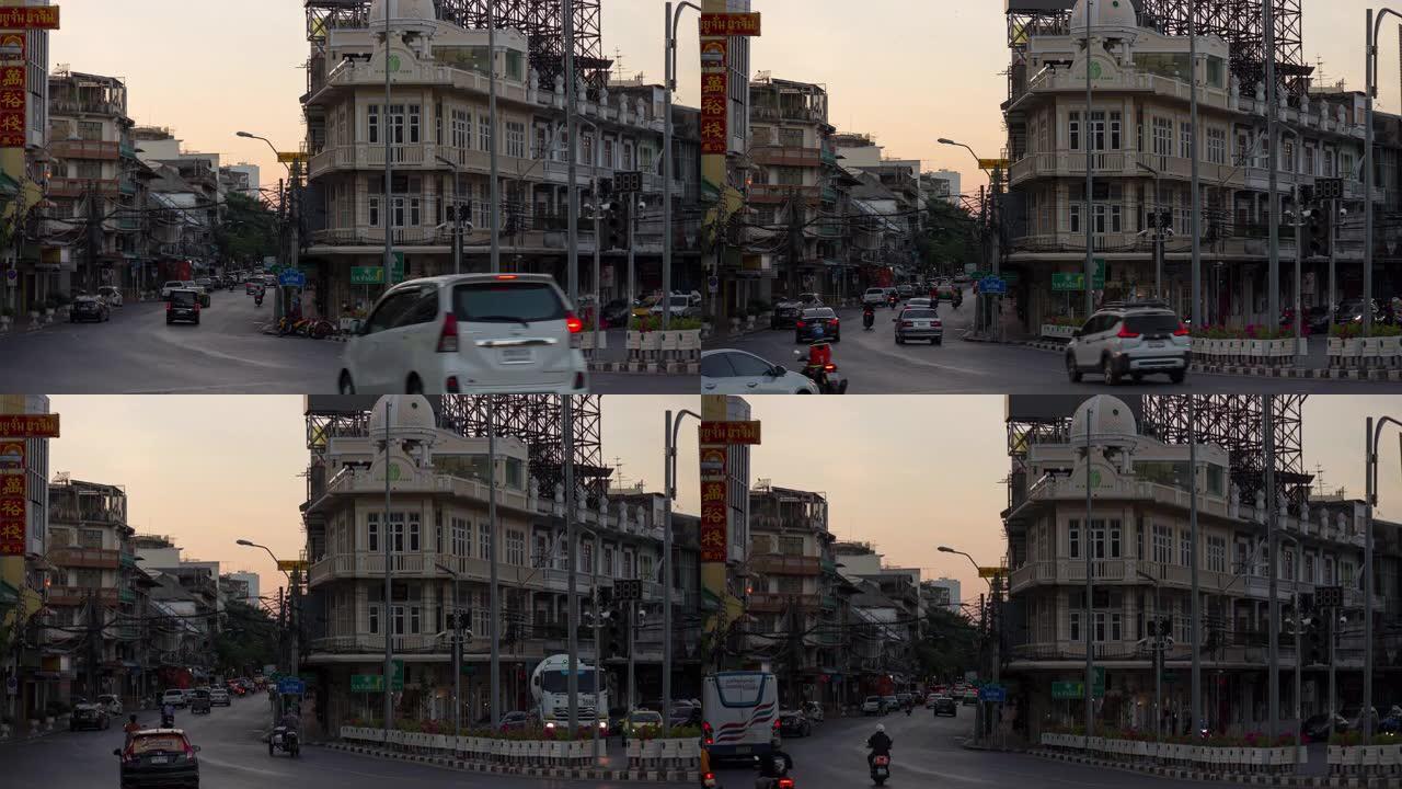 暮光之城曼谷市中国城交通街十字路口全景4k延时泰国