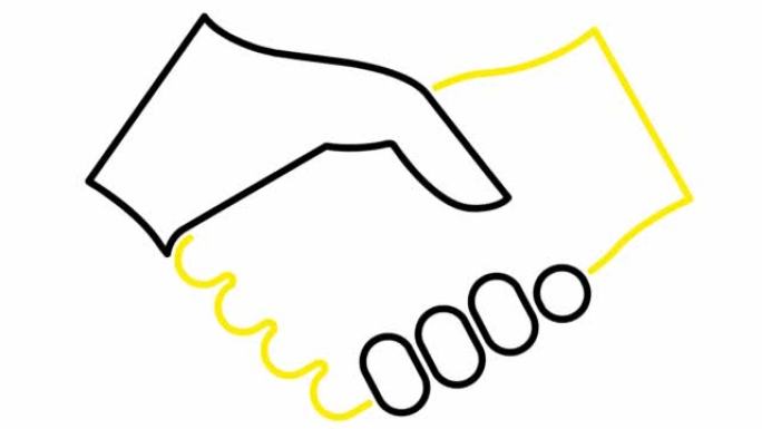 动画黑色和黄色握手图标。交易、协议、伙伴关系的概念。矢量线性插图孤立在白色背景上。