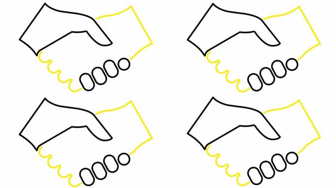 动画黑色和黄色握手图标。交易、协议、伙伴关系的概念。矢量线性插图孤立在白色背景上。
