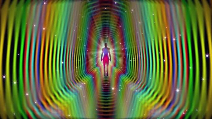 一个循环的3D动画，启发了人类光环场的多色能量，在冥想的人周围形成了不同的图案。VJing视频