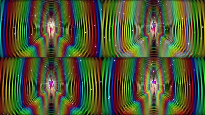 一个循环的3D动画，启发了人类光环场的多色能量，在冥想的人周围形成了不同的图案。VJing视频