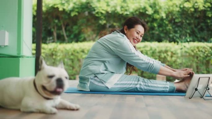 健康的女人早上和一只法国斗牛犬一起练习瑜伽。