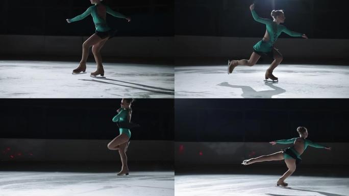 初级女子花样滑冰运动员独自在溜冰场表演，年轻的运动女孩正在跳跃和翻转，慢动作射击