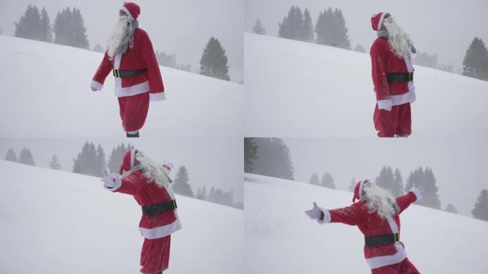 打扮成圣诞老人的男人享受暴风雪