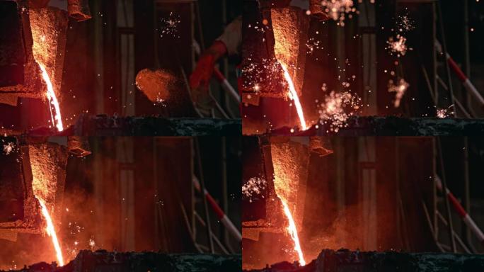 工人在钢厂向熔融金属中添加灰尘时，SLO MO LD火花飞扬
