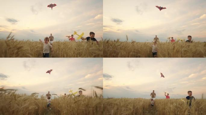快乐的小男孩和爸爸一起在金黑麦场上奔跑，放风筝，玩飞机