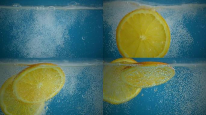 苏打水中的慢动作柠檬滴