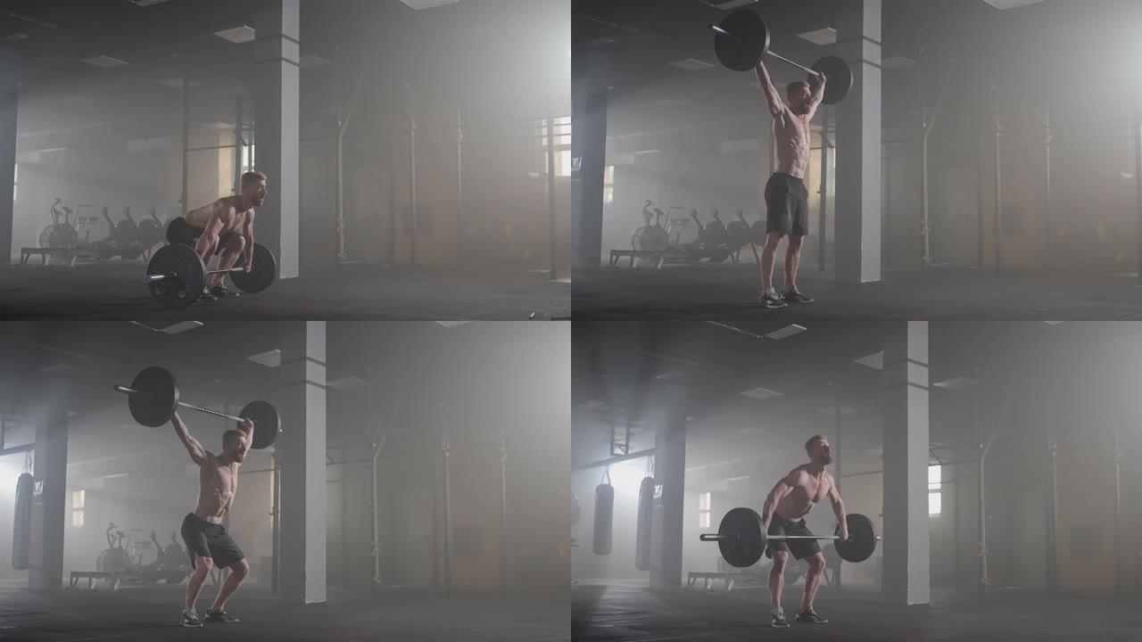 慢动作: 男子在健身房进行硬拉运动