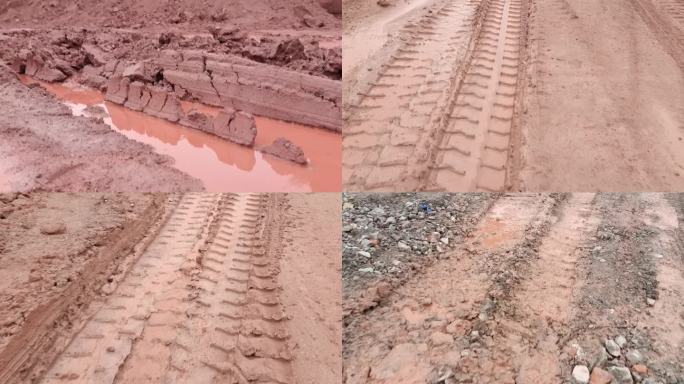 泥泞道路车轮压过的路湿滑黄泥道路雨后路面