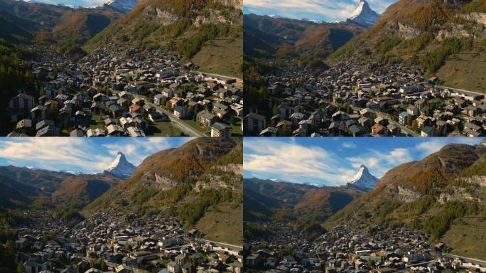 Zermatt和Matterhorn在秋天的空中倾斜