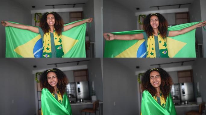 一名年轻女子在家中为巴西队欢呼的肖像