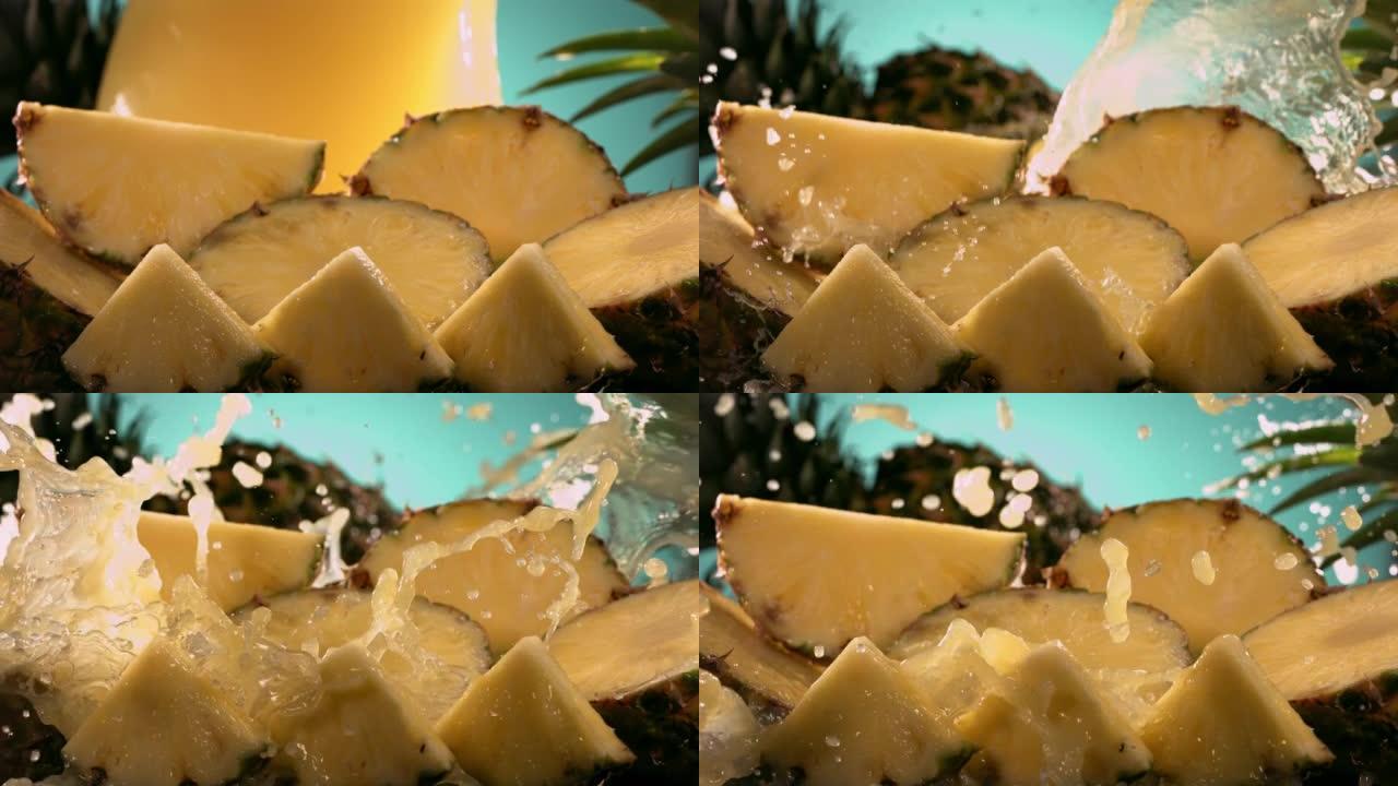 菠萝和果汁溅过菠萝片的慢动作镜头
