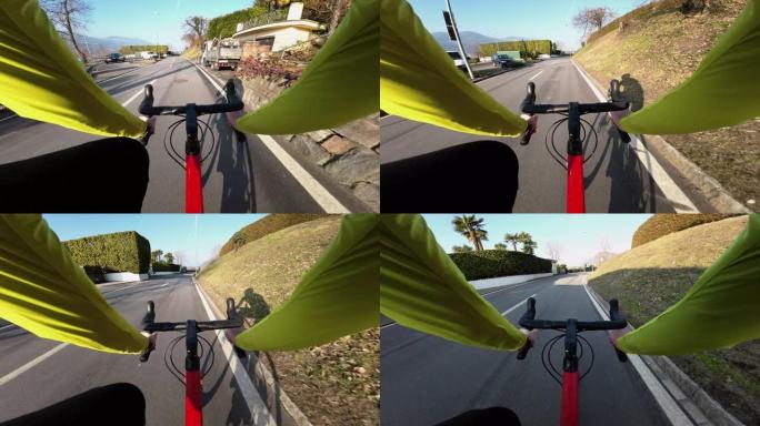 晴天沿着湖岸骑公路自行车，在停机坪上骑赛车