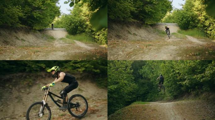 特技演员在森林里骑MTB自行车，在土路上跳跃和飞行，慢动作，活跃的爱好