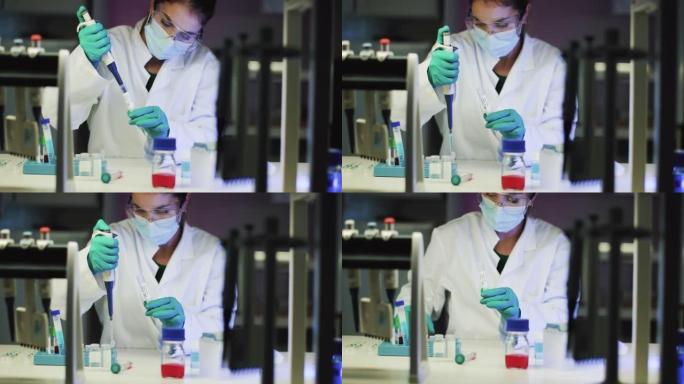 在实验室工作的女研究员: 冠状病毒和Covid疫苗
