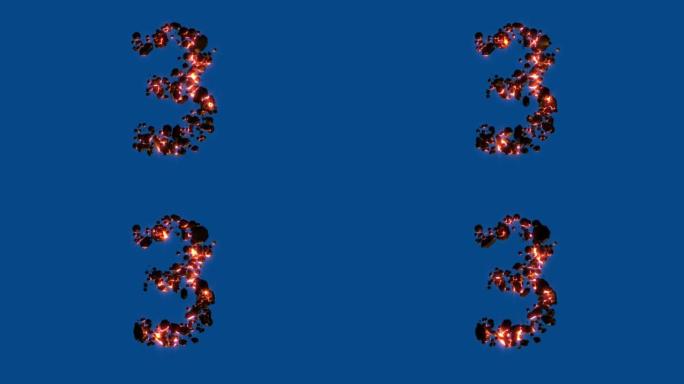 热岩浆岩-火山字体-色键屏幕上的数字3，孤立-循环视频